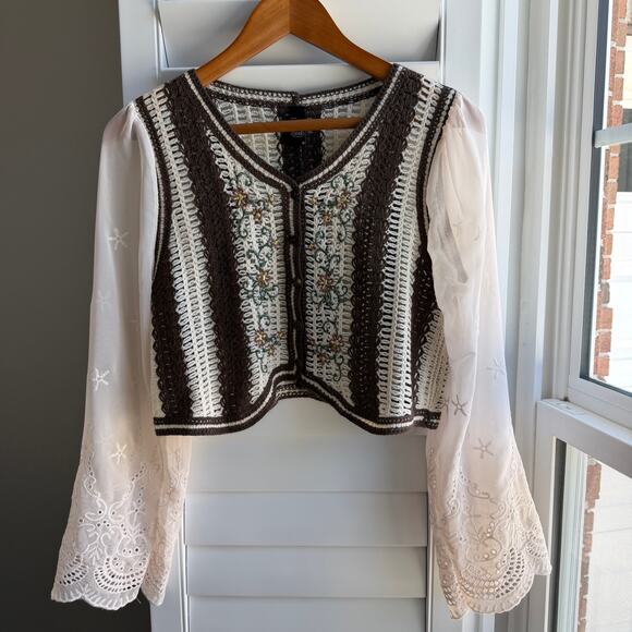 Cider Tops - CIDER Crochet Knit Top Embroidered Floral Long Sleeve Boho Cropped Blouse Small
